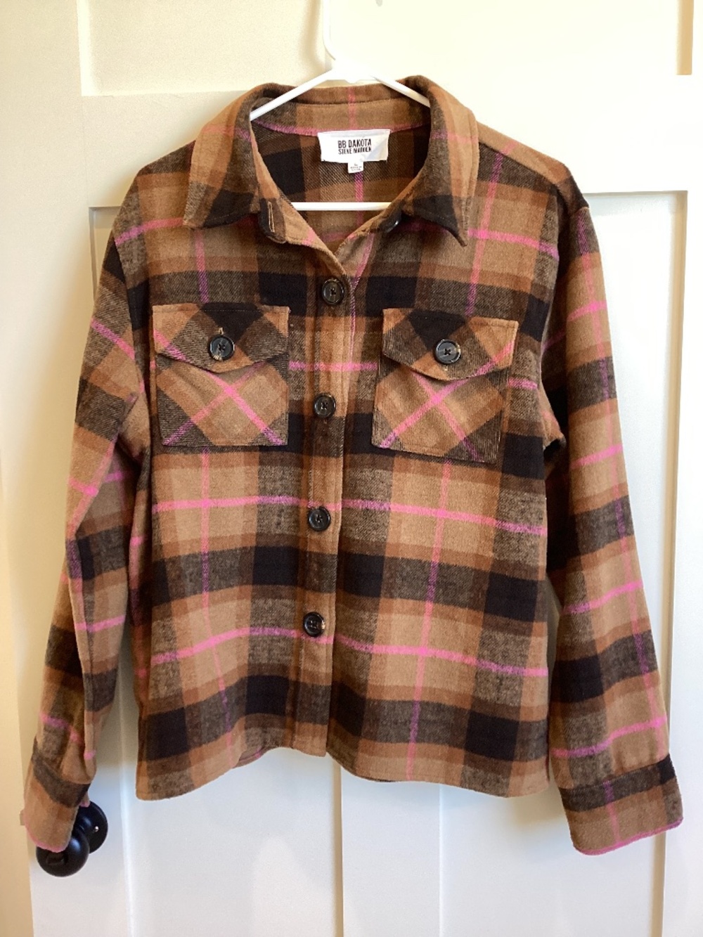 Steve Madden brown pink black plaid shacket size L teacher fall layering button